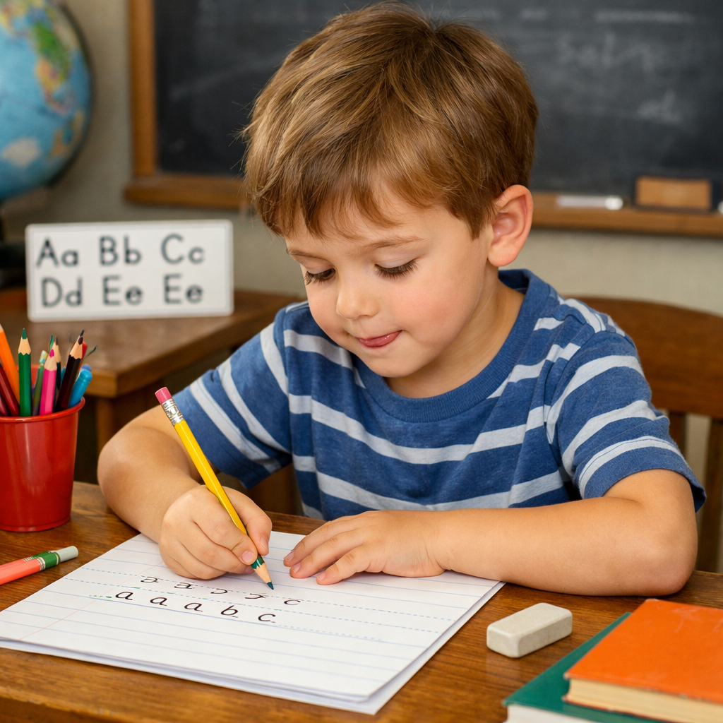 Child Learning to Write at Desk