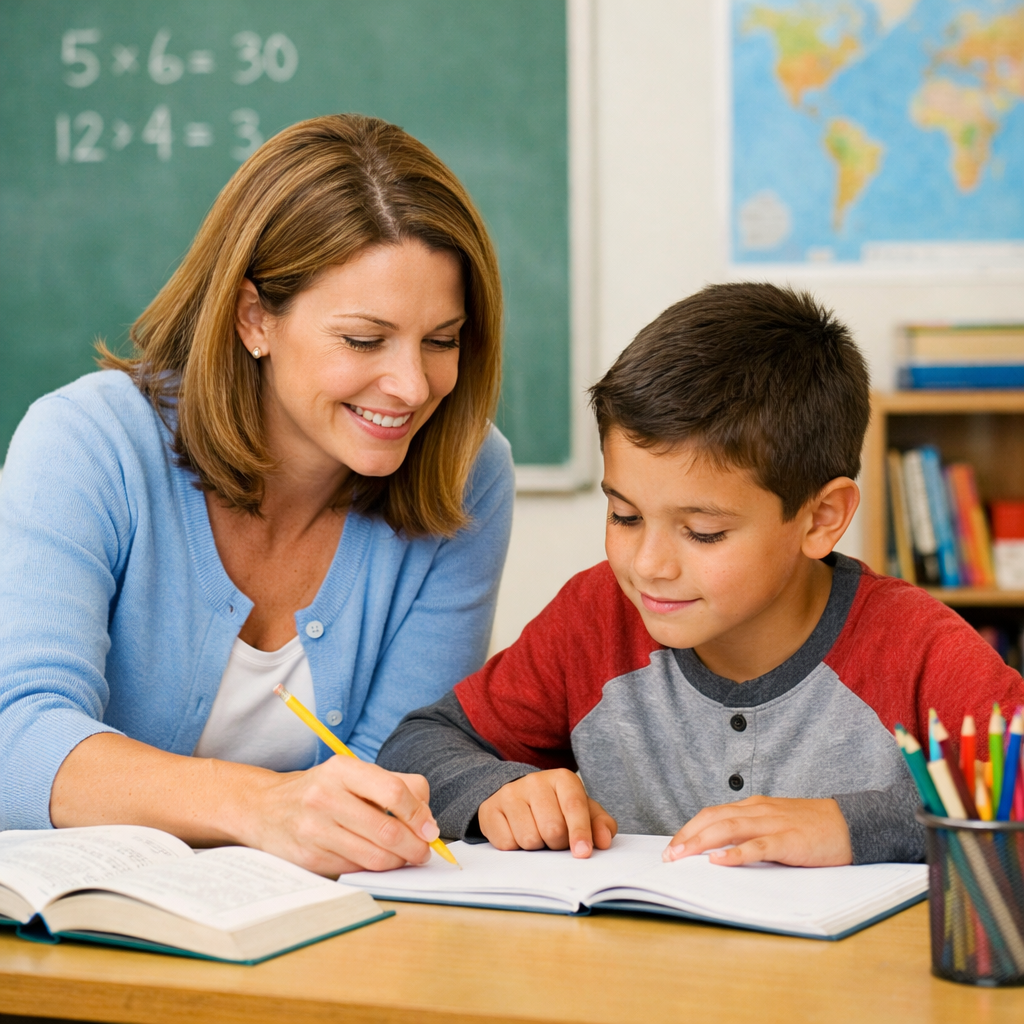 Teacher Tutoring Young Student in Classroom-1
