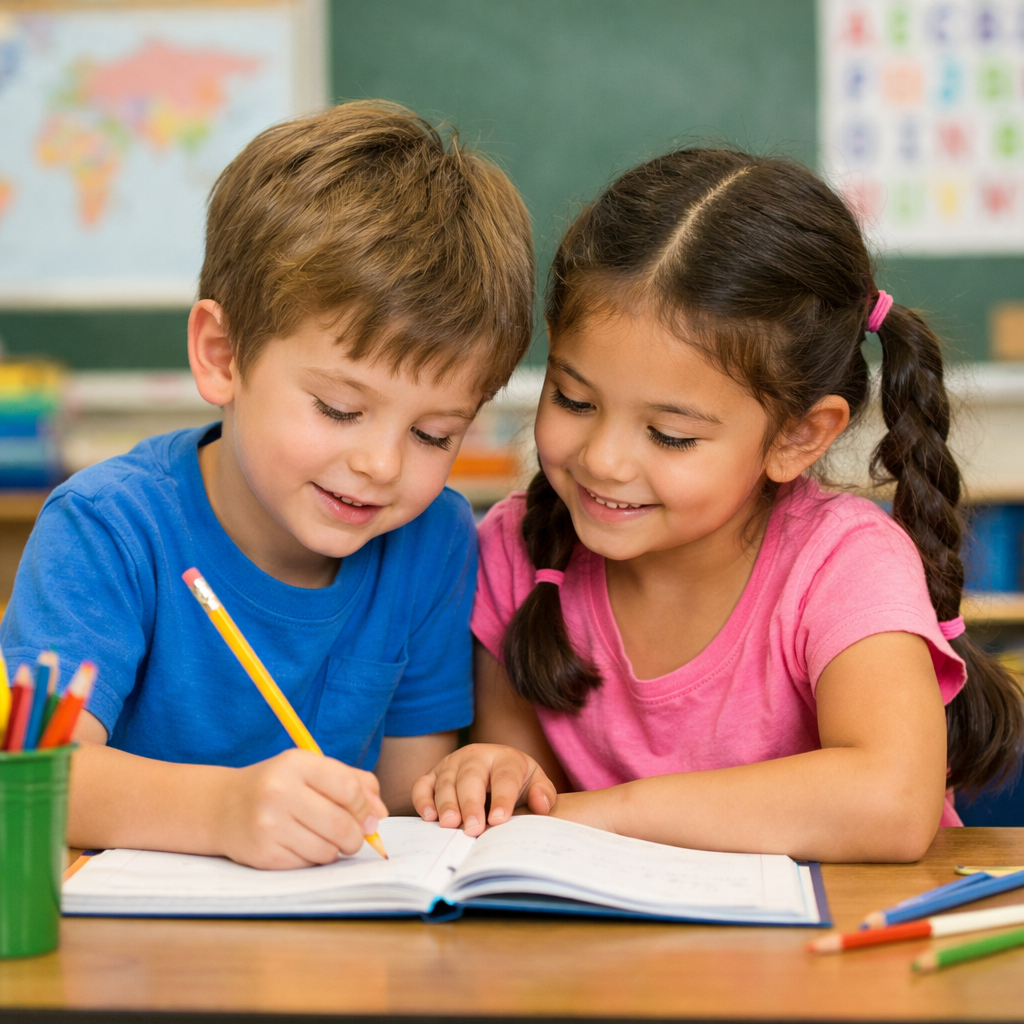 Two Kids Writing in Class-1